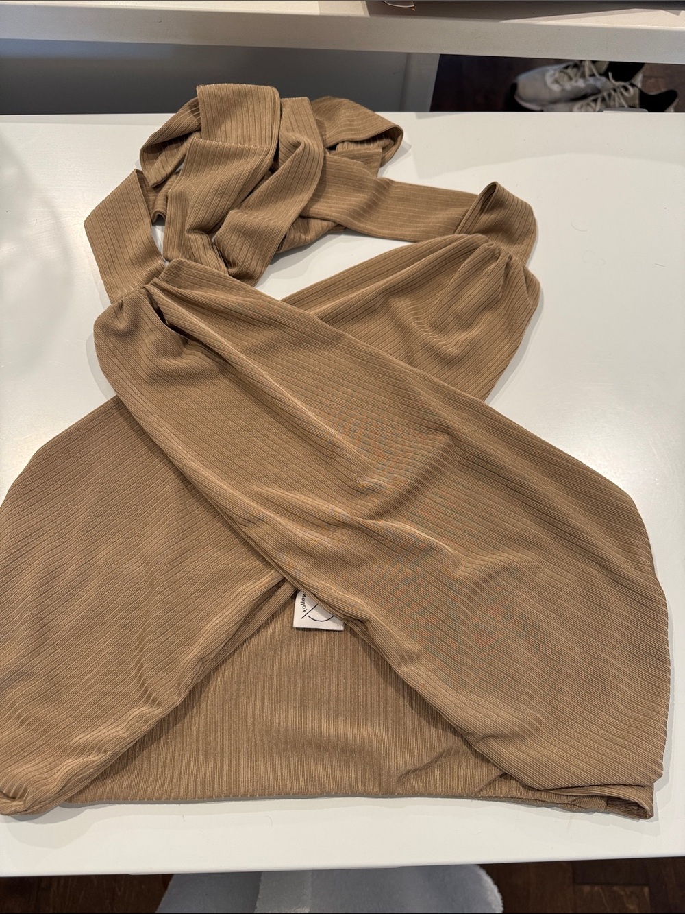 Ribbed Tan Cross-Front Halter Top